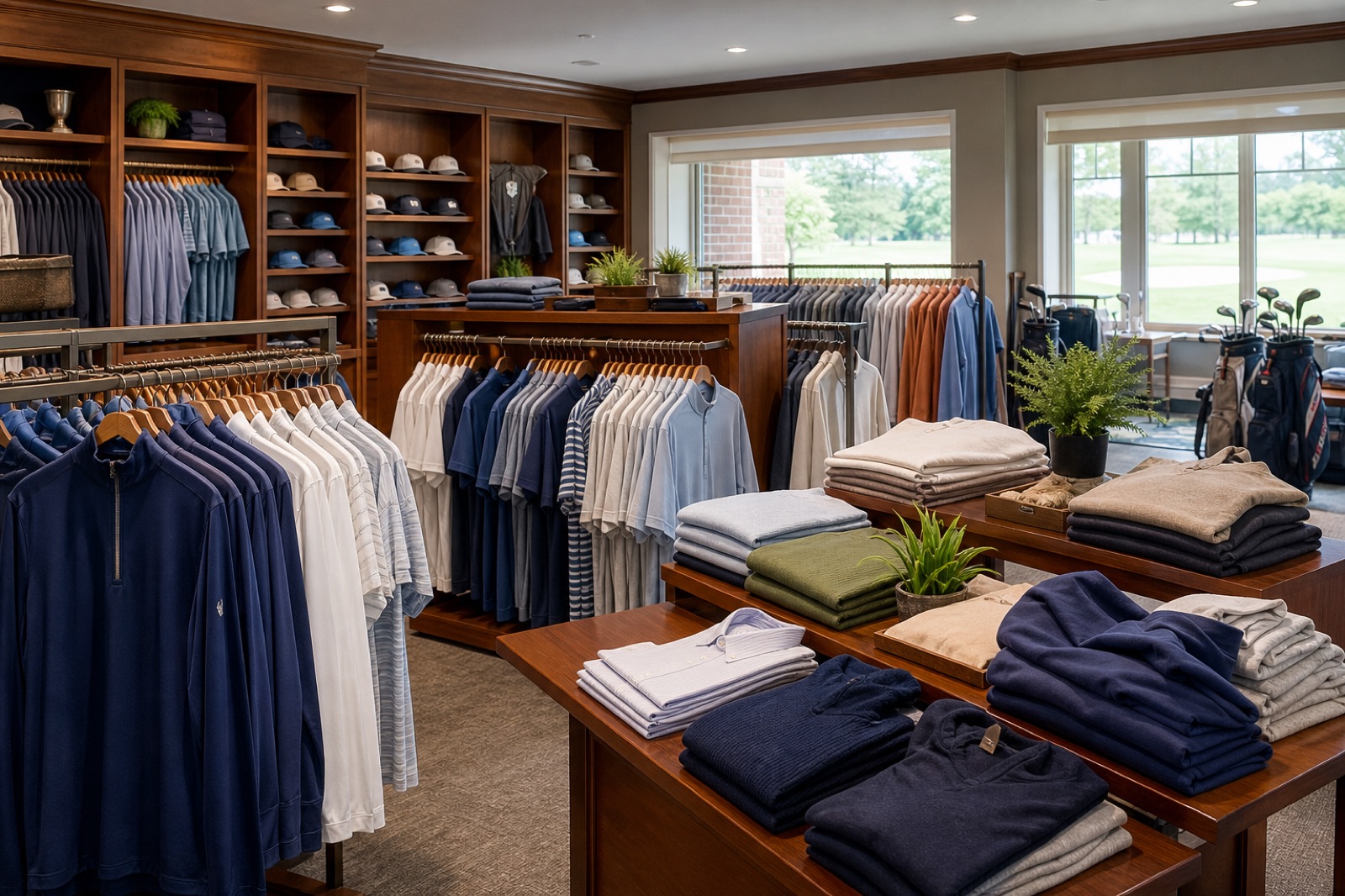 Golf pro shop retail interior with apparel racks, folded soft goods, and golf bags
