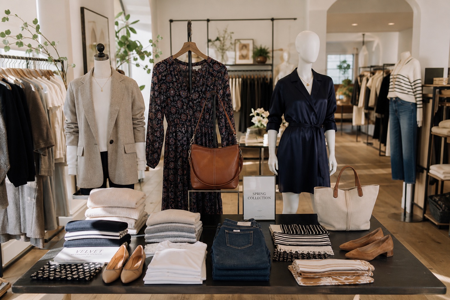 Mid-market specialty boutique with dimensional table and wall visual merchandising