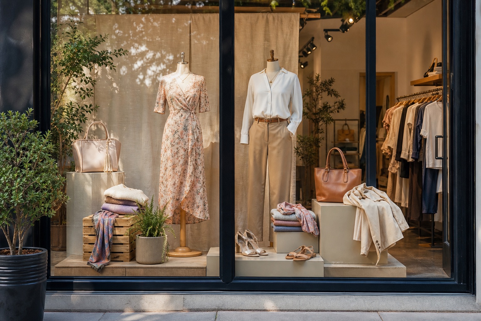 Approachable boutique window with dimensional visual merchandising — mannequins, crates, and layered soft goods